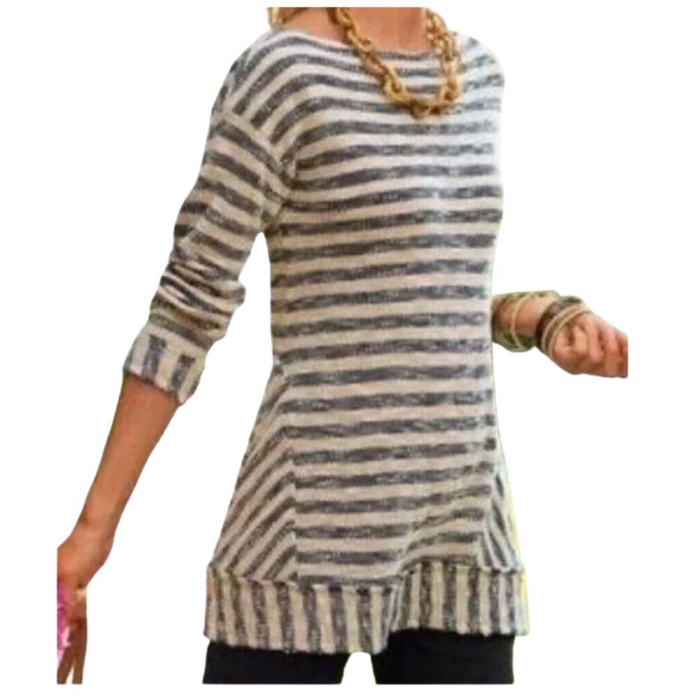 Soft Surroundings Sweater Size Medium Boat Neck Blue Beige Stripe Tunic
